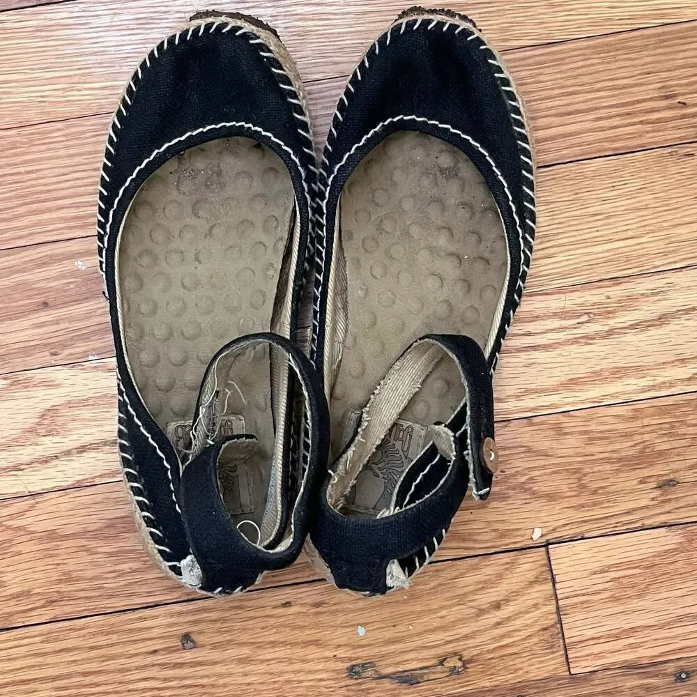 Simple GreenToe Black Canvas Espadrille Ankle Strap Flats Shoes Size 7 Boho